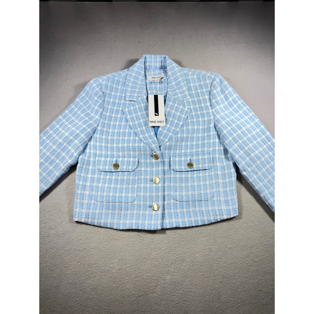 Nine West Vista Blue White Plaid Tweed Cropped Blazer Jacket Gold Buttons NWT M
